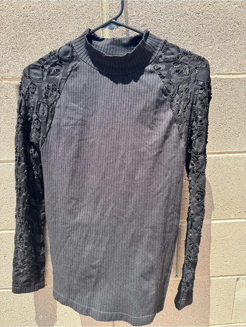 VENUS Black Ribbed Mock Neck Top with Lace Sleeves